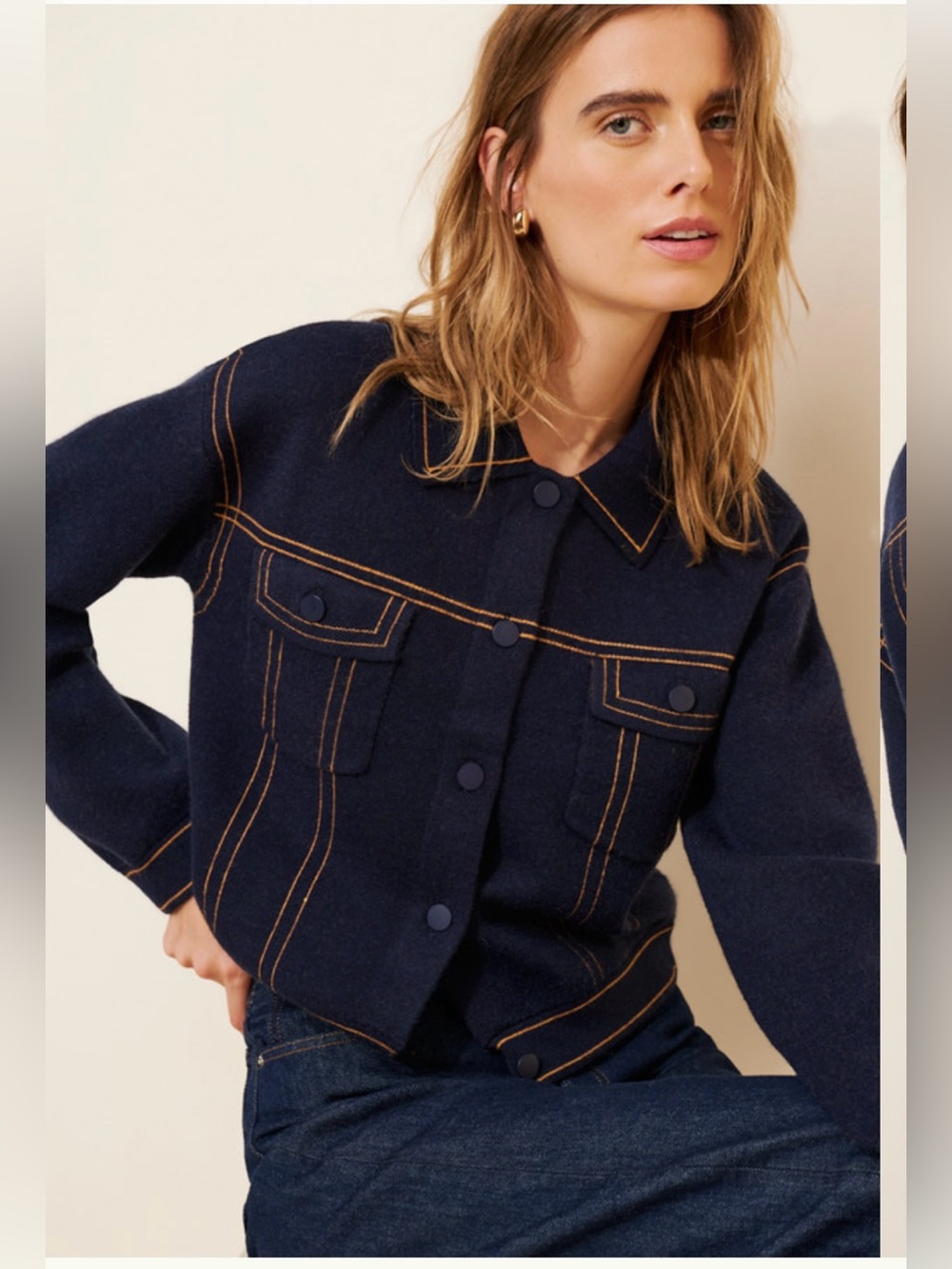 NVLT Button Front Cropped Sweater Jacket Navy Blue Sz Medium